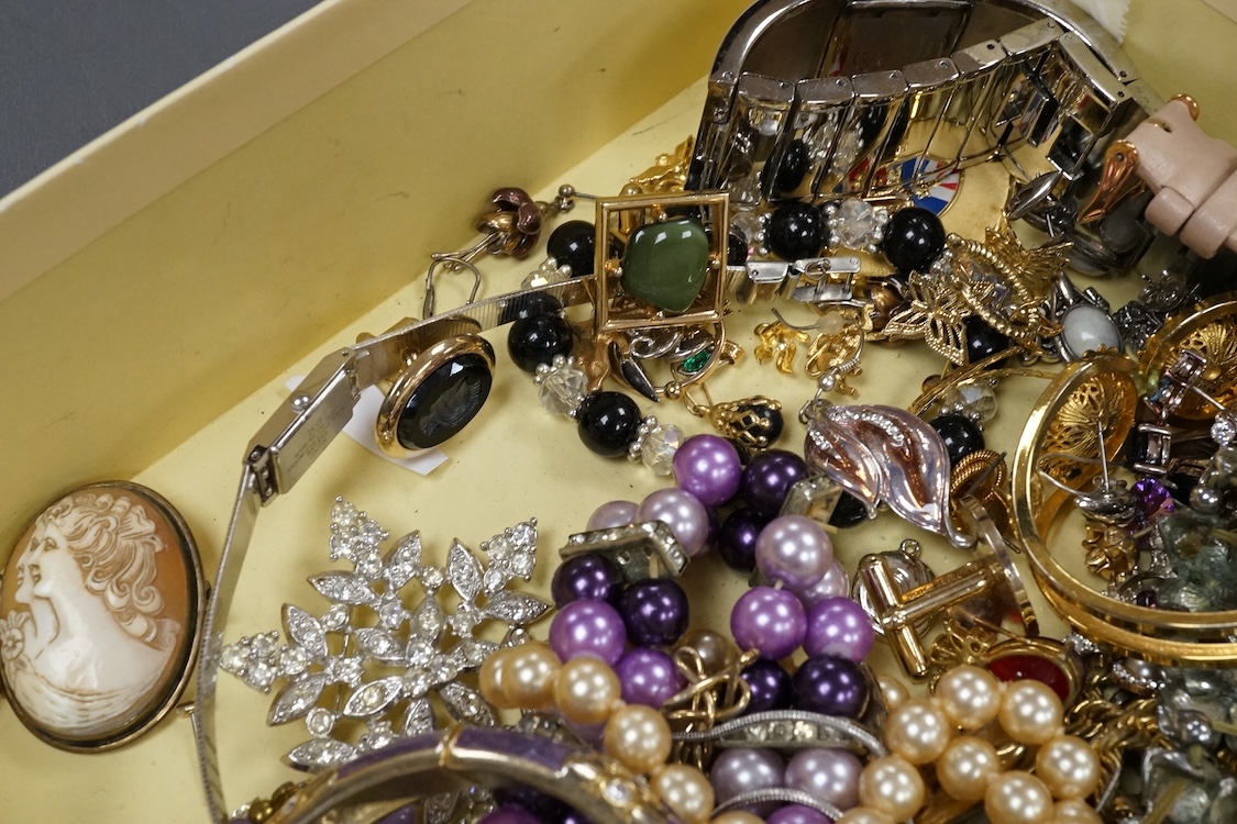 A quantity of assorted costume including necklaces, bangle, etc. and two wrist watches.